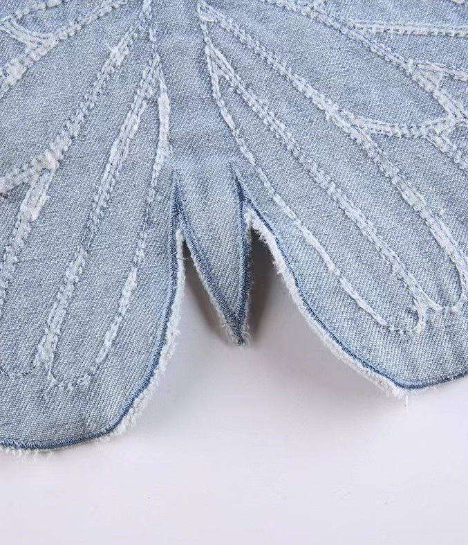 Blue Butterfly Denim Backless Crop Top