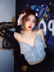 Blue Butterfly Denim Backless Crop Top