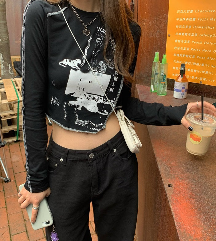 Black Irregular Cut Long Sleeve T-Shirt
