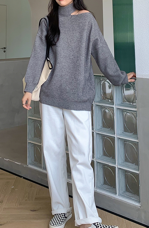 Grey One Shoulder Cut Turtleneck Sweater