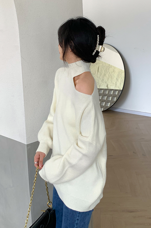 Grey One Shoulder Cut Turtleneck Sweater
