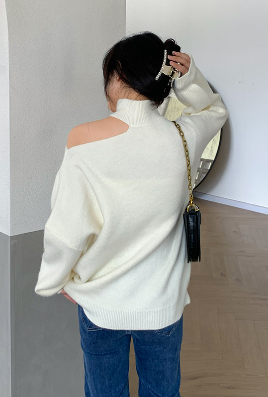 Grey One Shoulder Cut Turtleneck Sweater