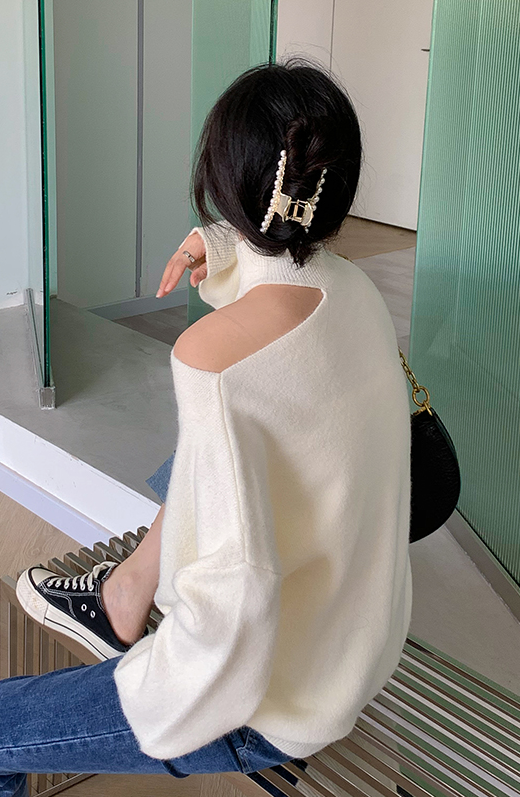 Grey One Shoulder Cut Turtleneck Sweater