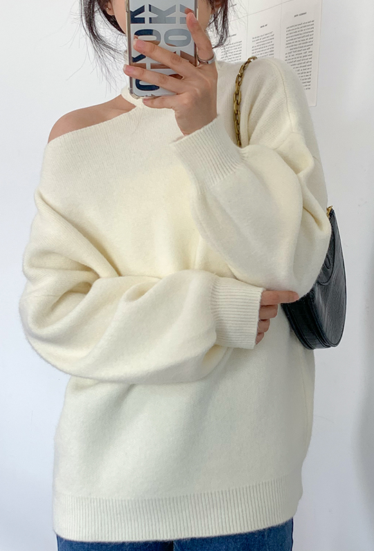 Grey One Shoulder Cut Turtleneck Sweater
