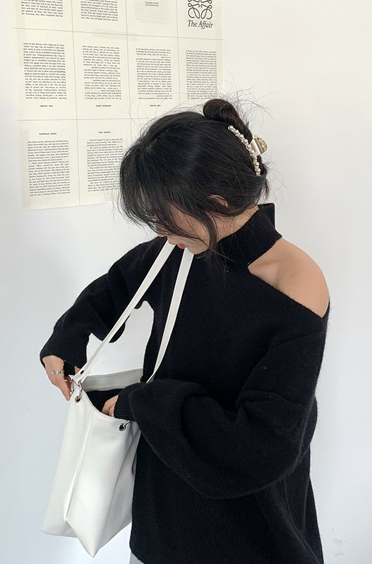 Grey One Shoulder Cut Turtleneck Sweater
