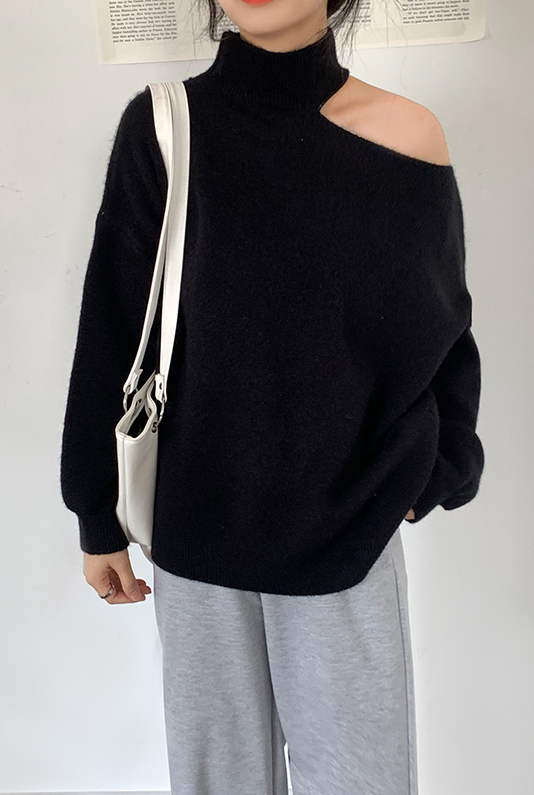 Grey One Shoulder Cut Turtleneck Sweater