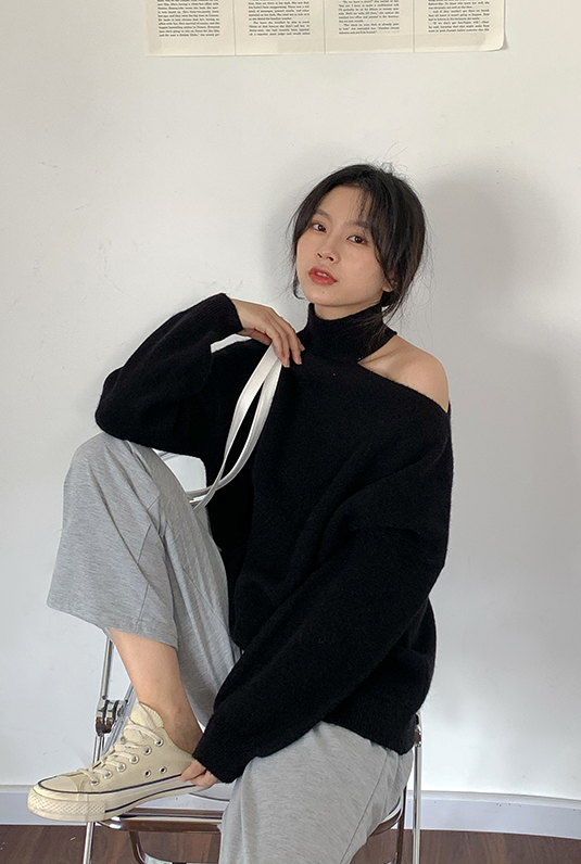 Grey One Shoulder Cut Turtleneck Sweater