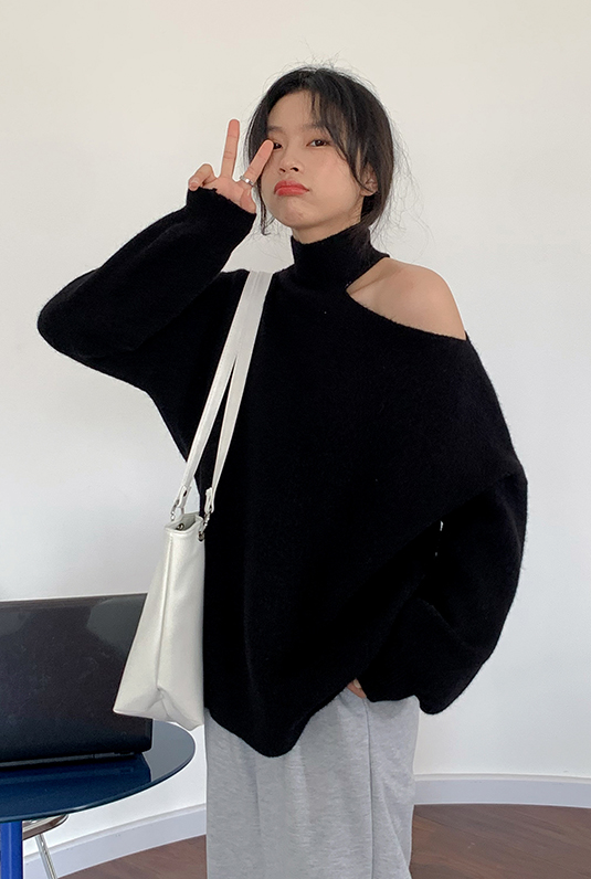 Grey One Shoulder Cut Turtleneck Sweater