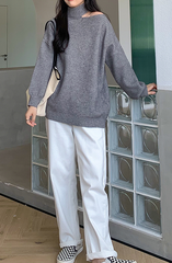 Grey One Shoulder Cut Turtleneck Sweater
