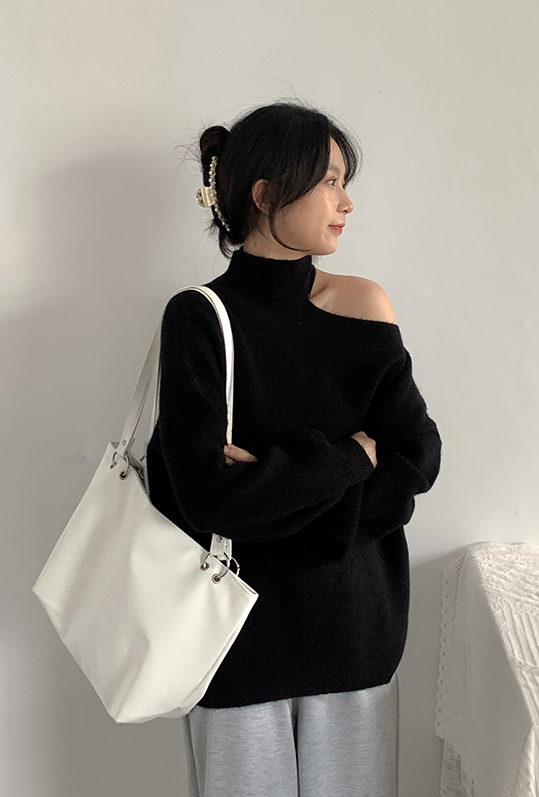 Grey One Shoulder Cut Turtleneck Sweater