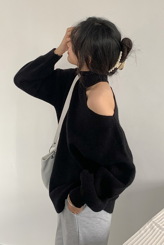 Grey One Shoulder Cut Turtleneck Sweater