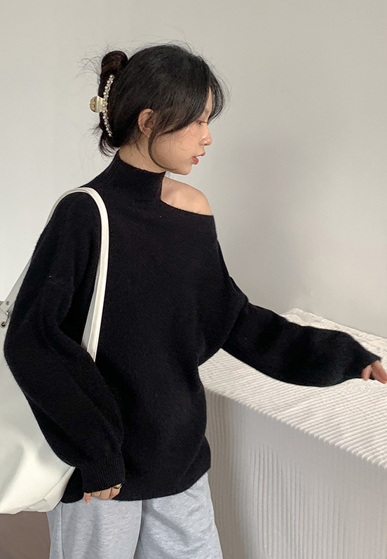 Grey One Shoulder Cut Turtleneck Sweater