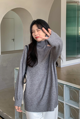 Grey One Shoulder Cut Turtleneck Sweater