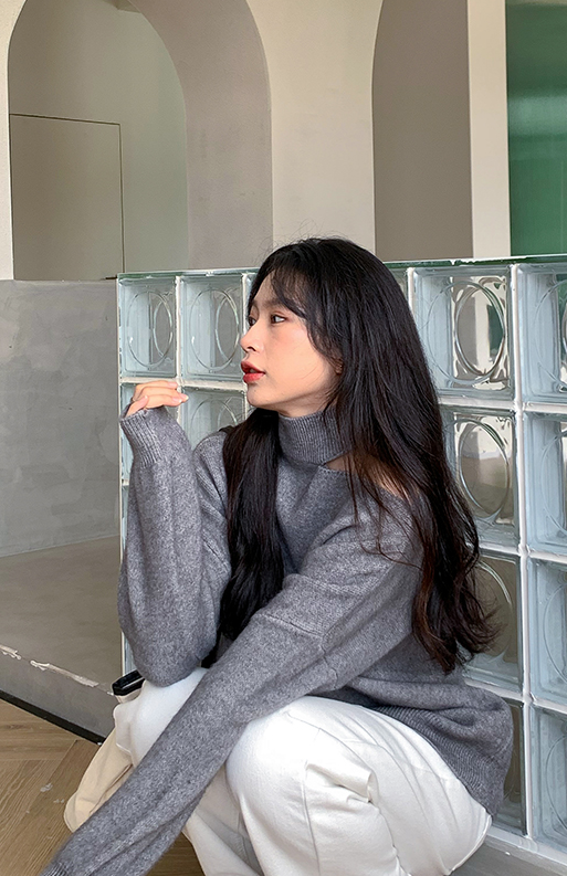 Grey One Shoulder Cut Turtleneck Sweater