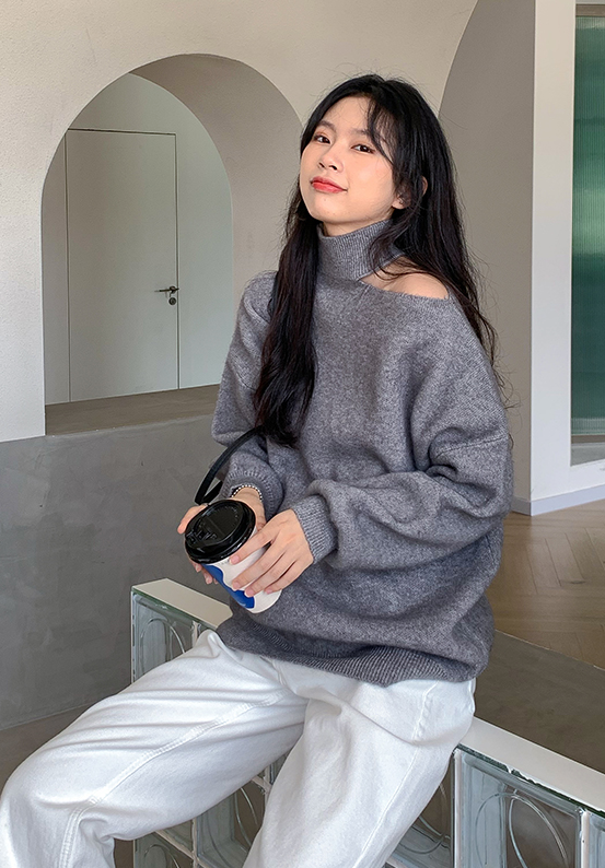 Grey One Shoulder Cut Turtleneck Sweater