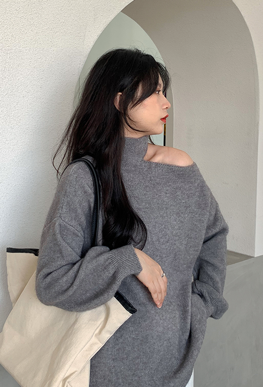 Grey One Shoulder Cut Turtleneck Sweater