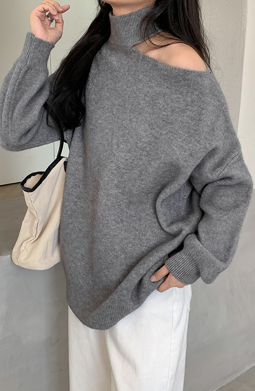 Grey One Shoulder Cut Turtleneck Sweater