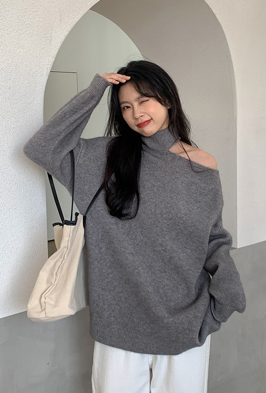 Grey One Shoulder Cut Turtleneck Sweater