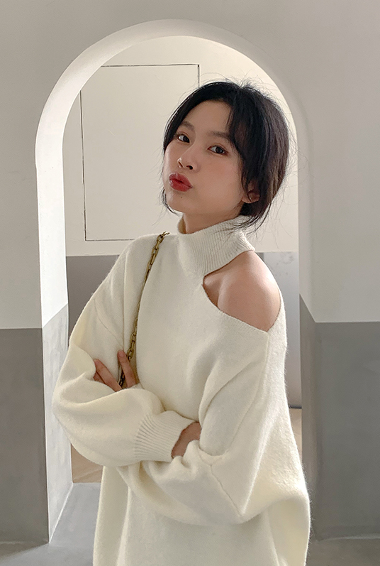 Grey One Shoulder Cut Turtleneck Sweater