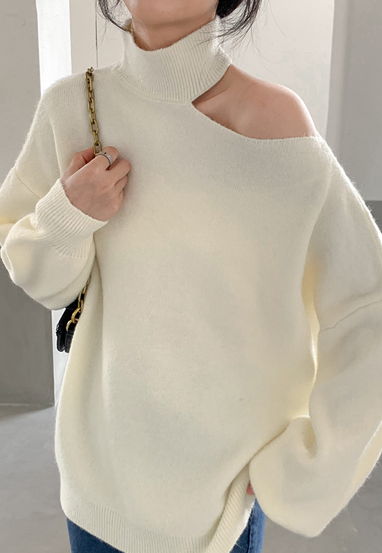 Grey One Shoulder Cut Turtleneck Sweater