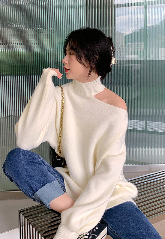 Grey One Shoulder Cut Turtleneck Sweater