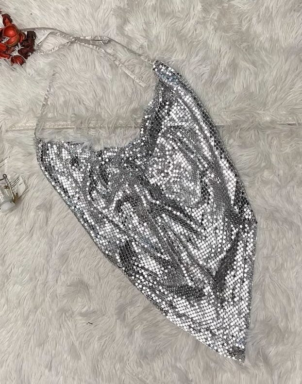 Silver Cowl Neckline Sparkly Crop Top