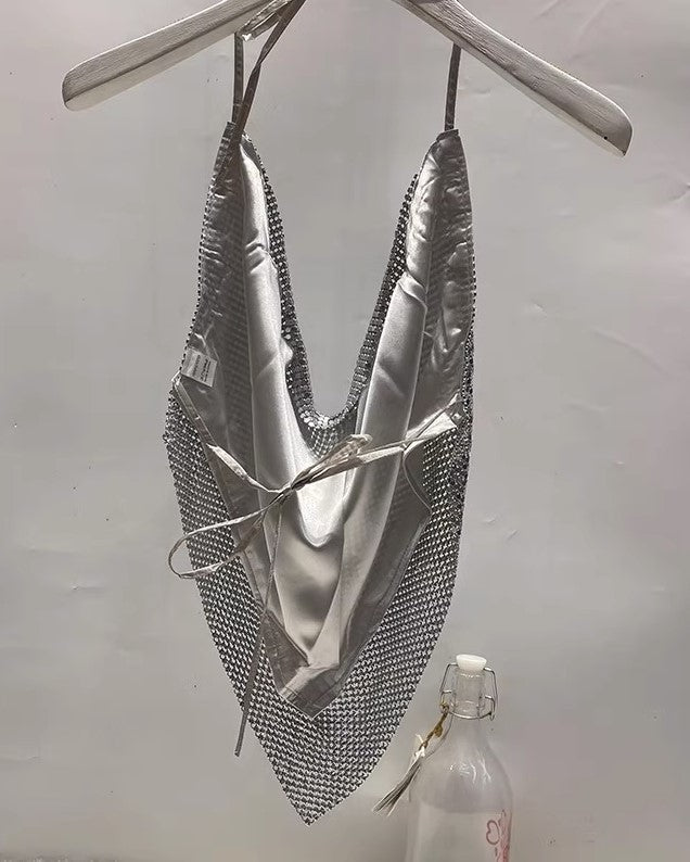 Silver Cowl Neckline Sparkly Crop Top
