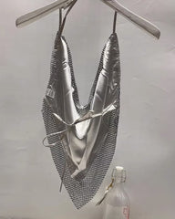 Silver Cowl Neckline Sparkly Crop Top
