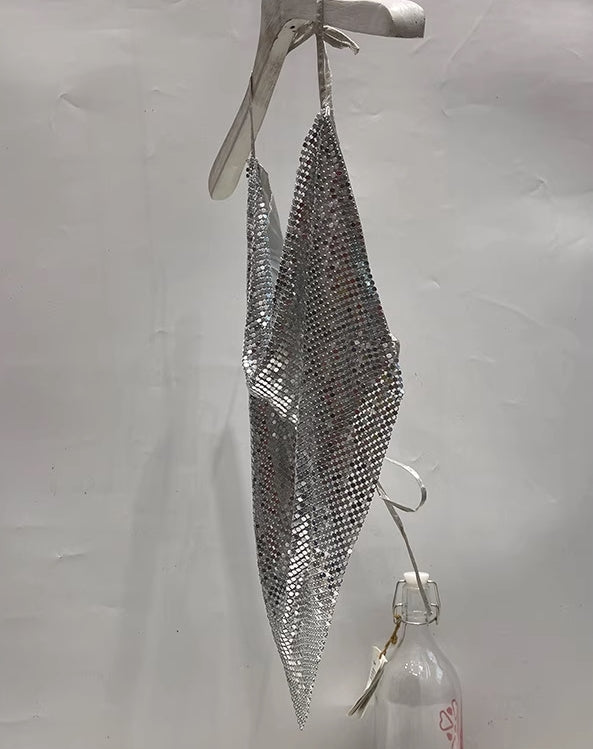 Silver Cowl Neckline Sparkly Crop Top