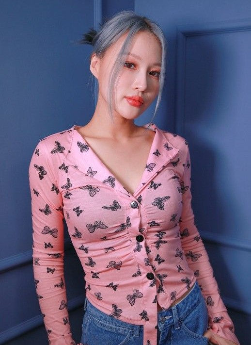 Pink Button-Up Butterfly Print Shirt