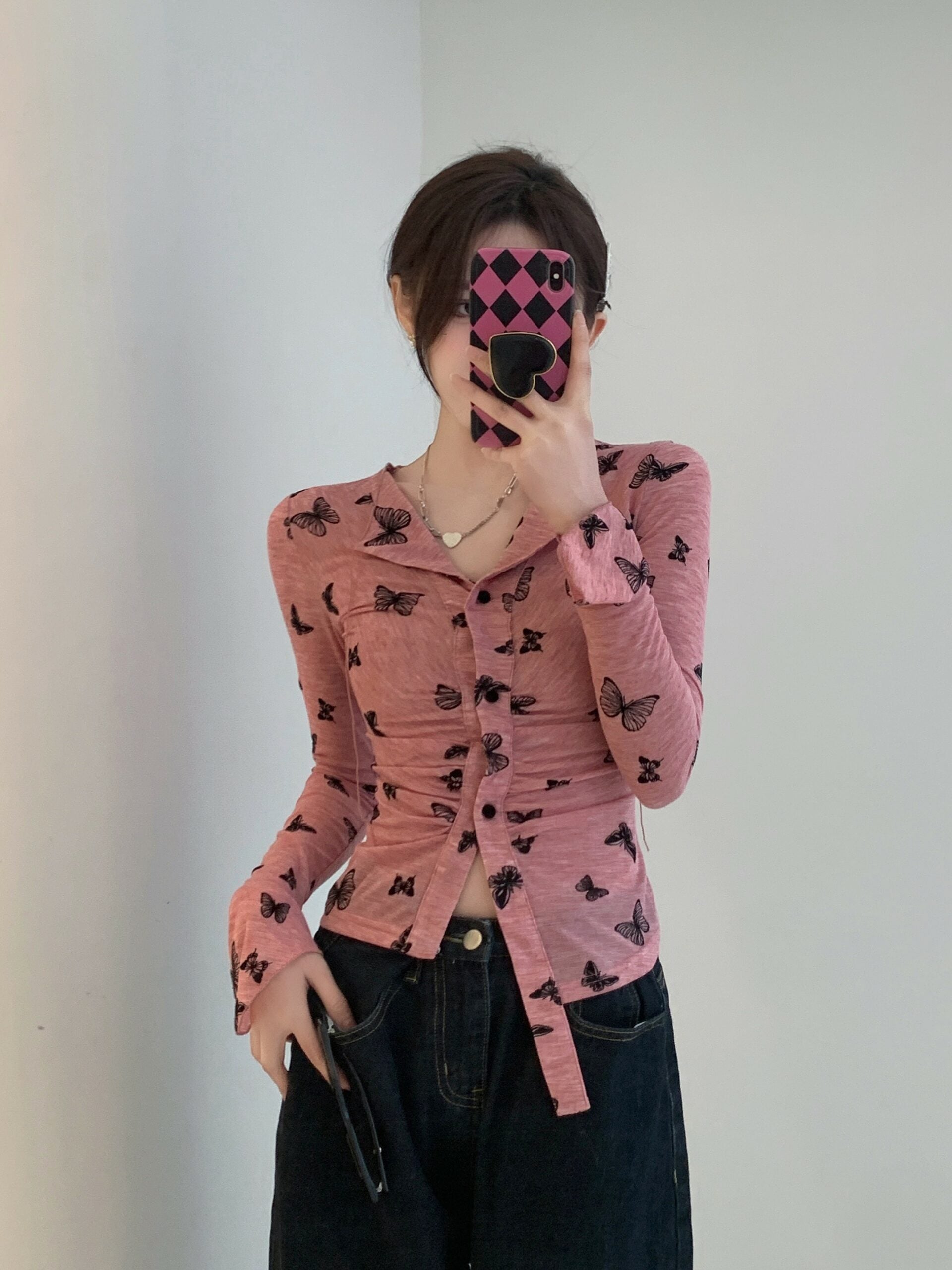 Pink Button-Up Butterfly Print Shirt