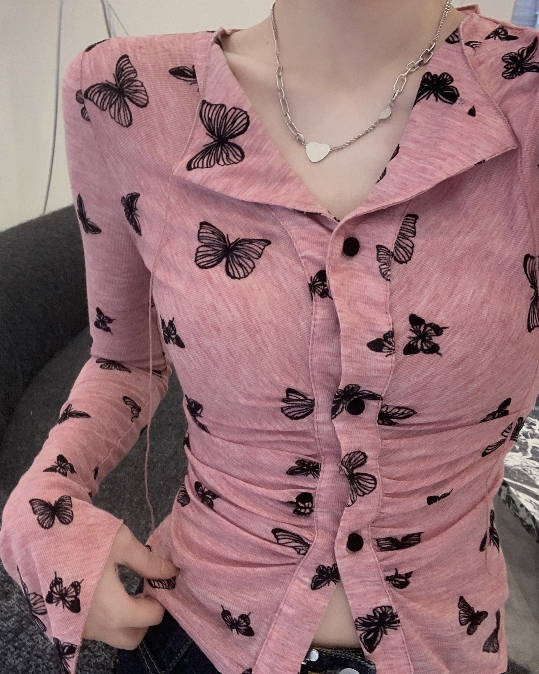 Pink Button-Up Butterfly Print Shirt