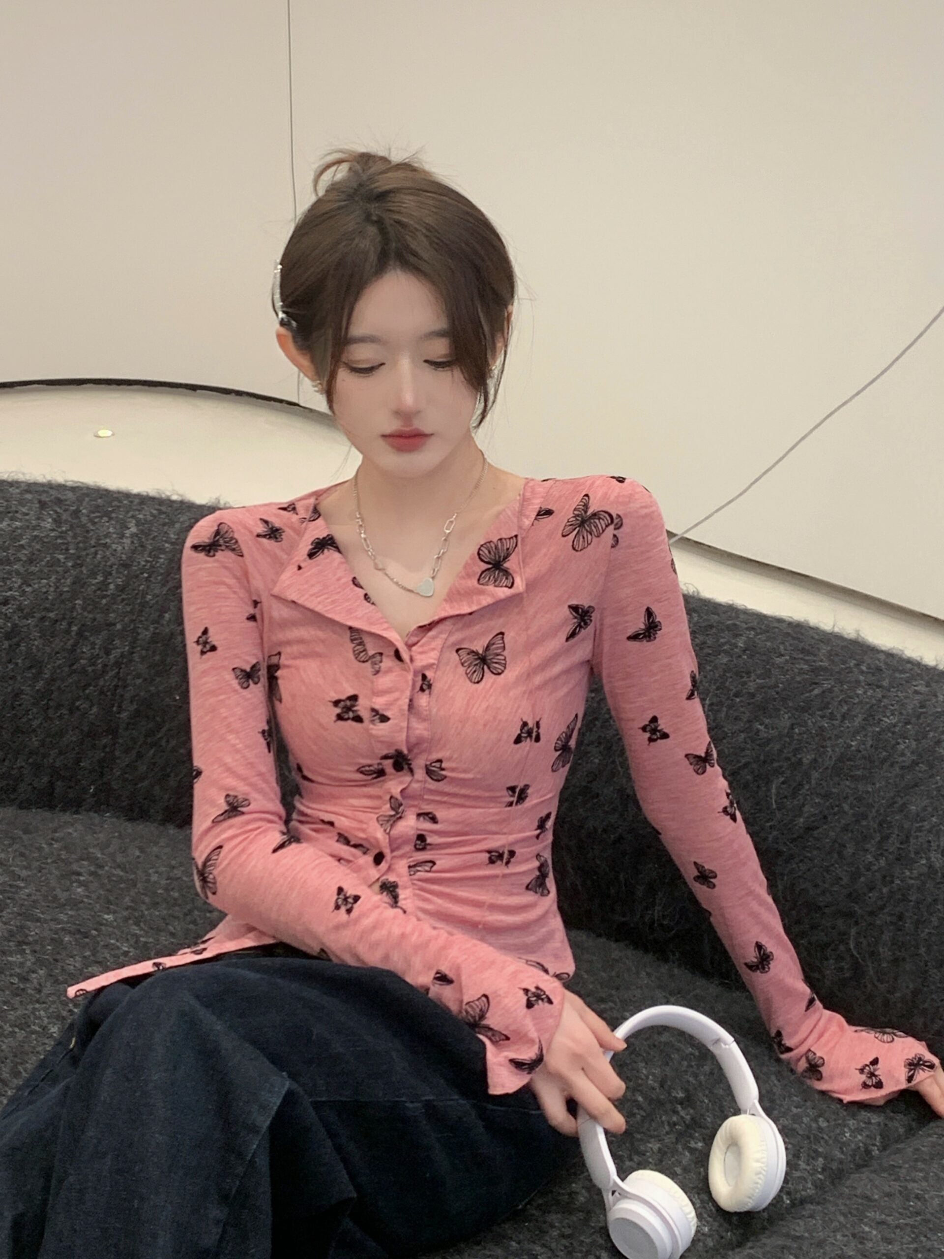 Pink Button-Up Butterfly Print Shirt