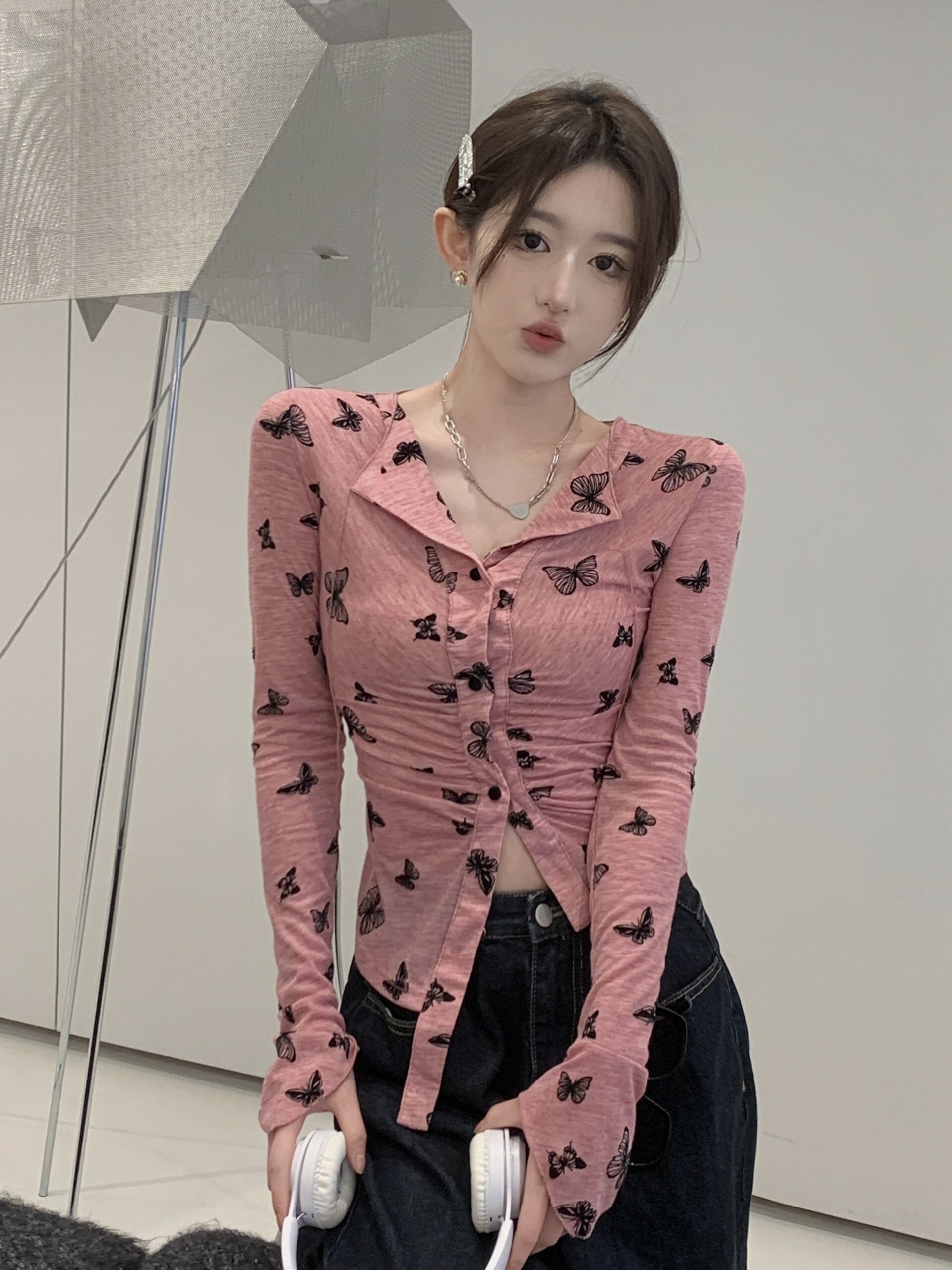 Pink Button-Up Butterfly Print Shirt