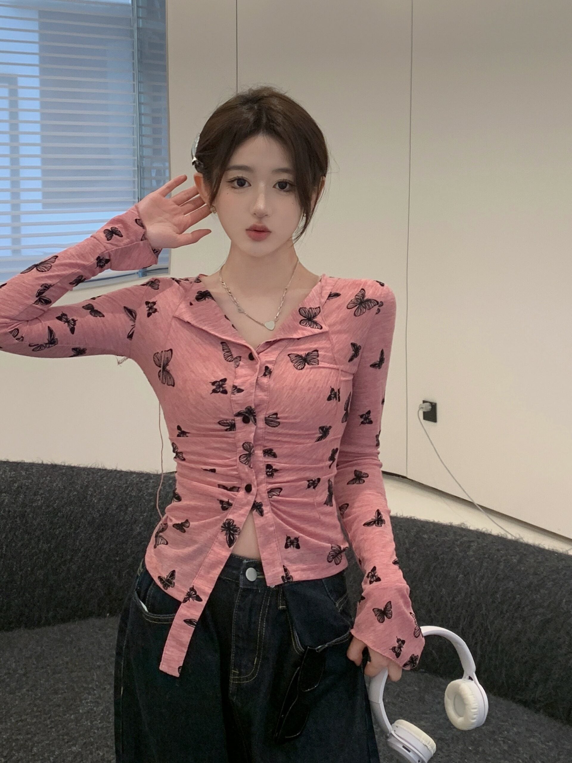 Pink Button-Up Butterfly Print Shirt