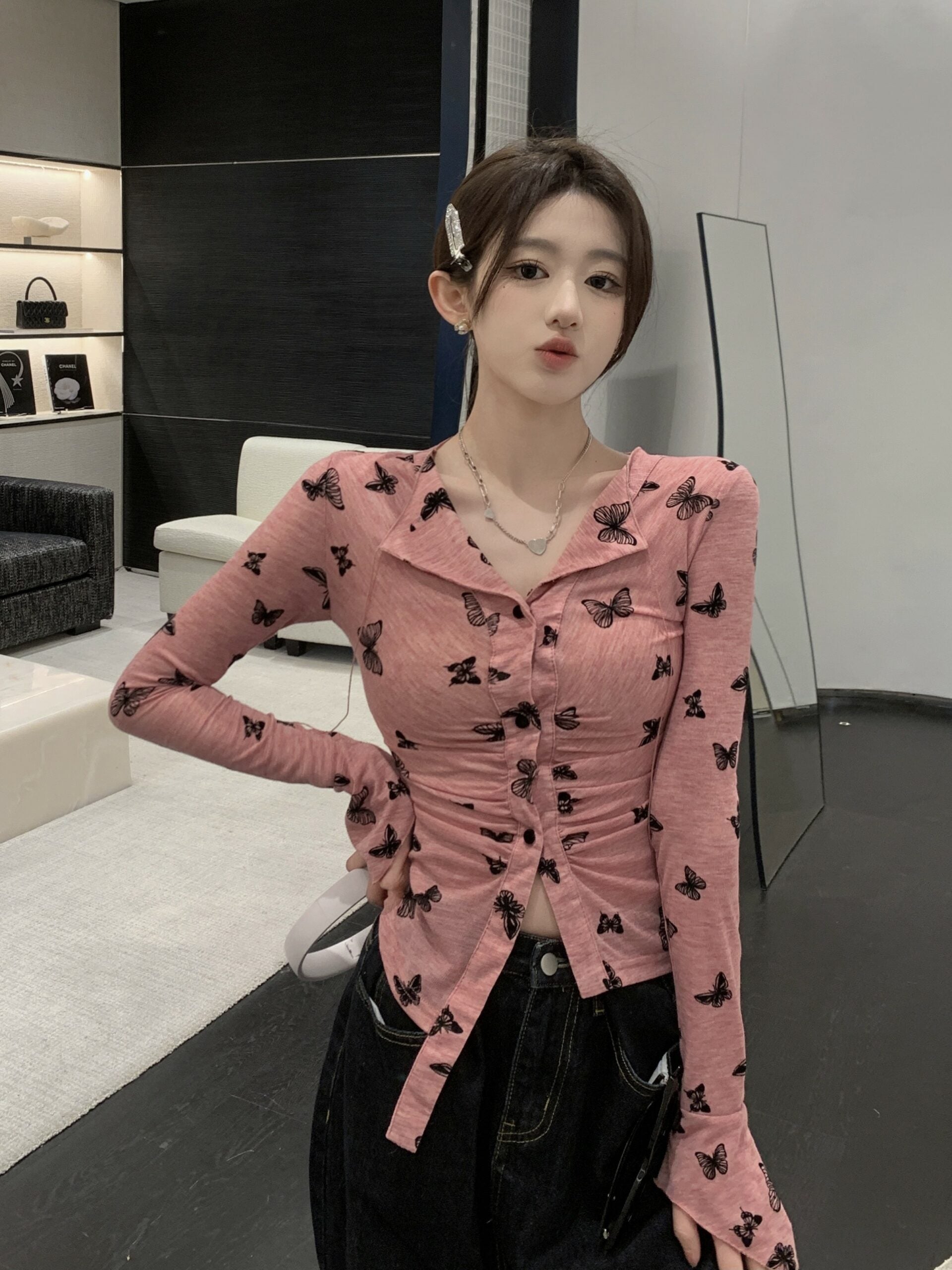 Pink Button-Up Butterfly Print Shirt