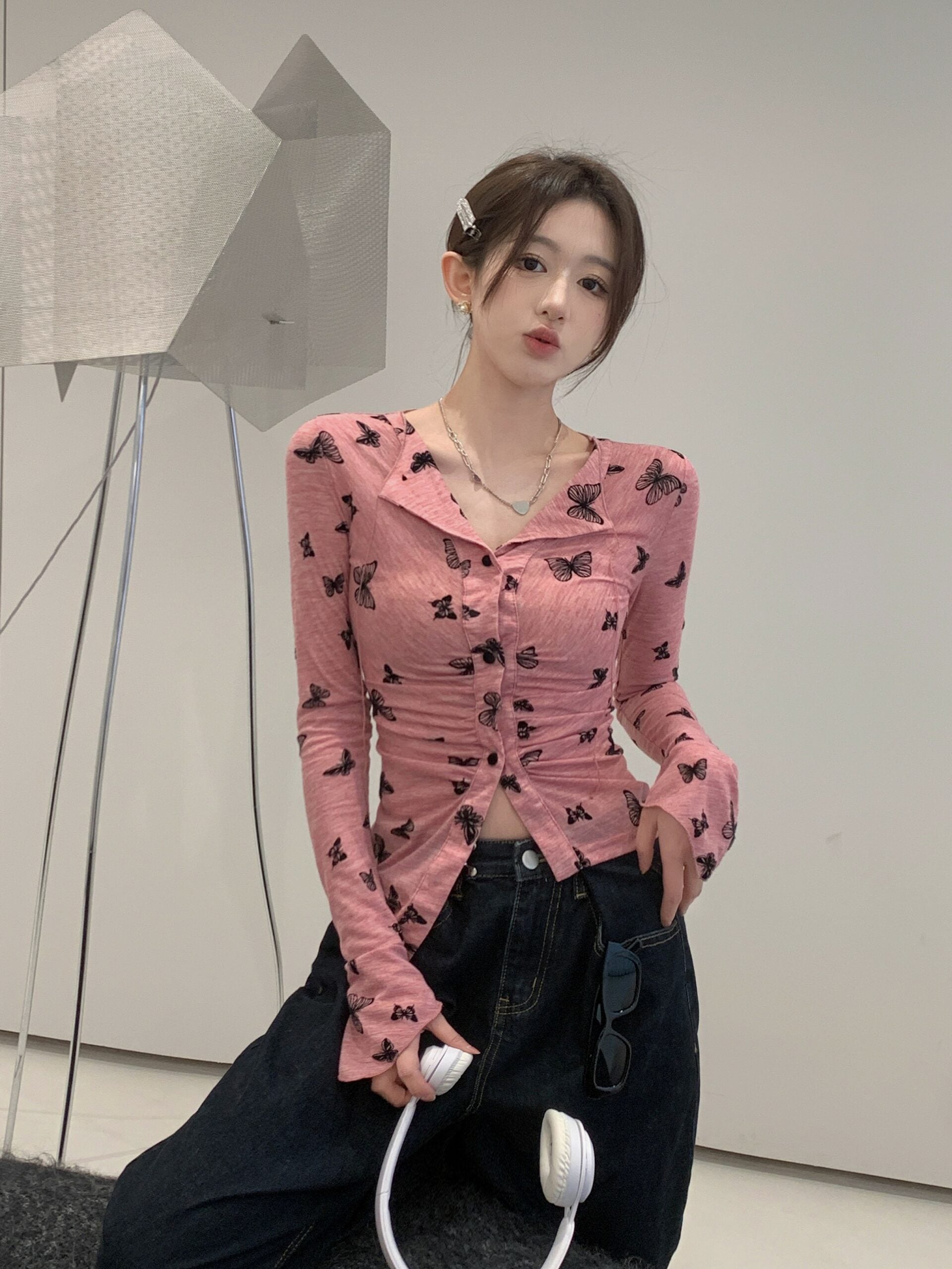 Pink Button-Up Butterfly Print Shirt