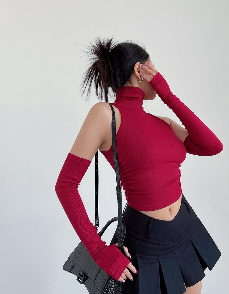 Red Turtleneck Top With Arm Sleeves