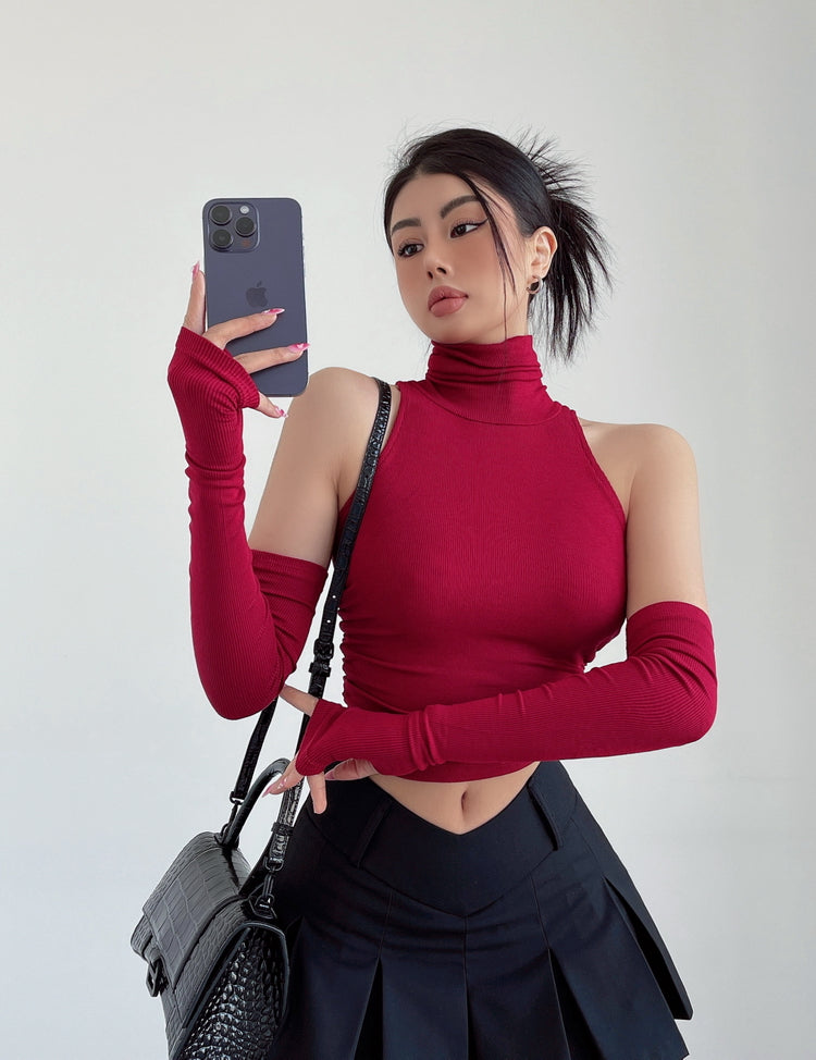 Red Turtleneck Top With Arm Sleeves