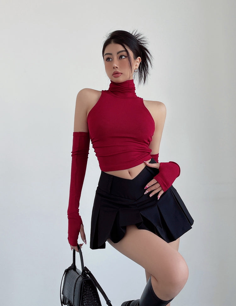 Red Turtleneck Top With Arm Sleeves