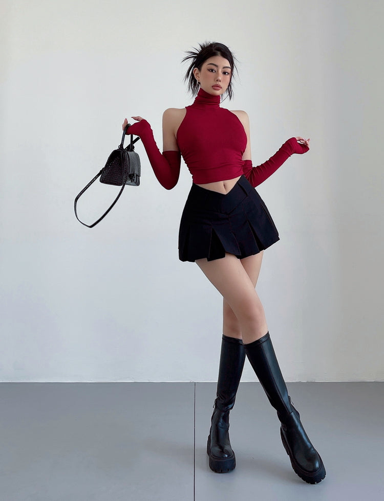 Red Turtleneck Top With Arm Sleeves