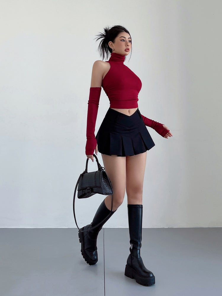Red Turtleneck Top With Arm Sleeves
