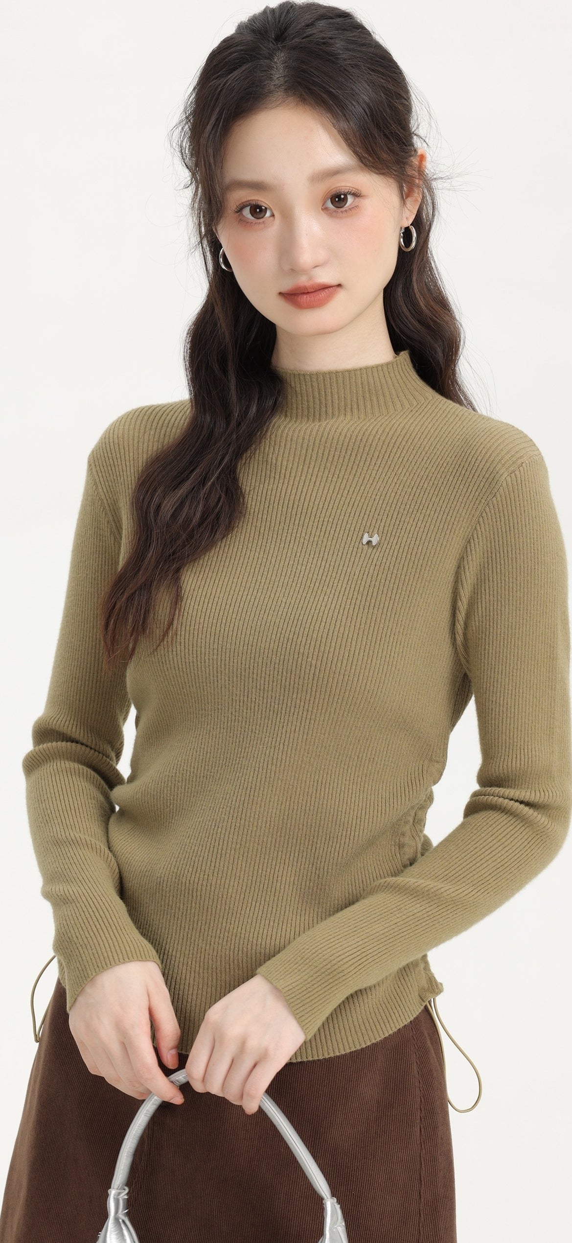 Green Turtleneck Sweater With Side Drawstring And Bow Logo