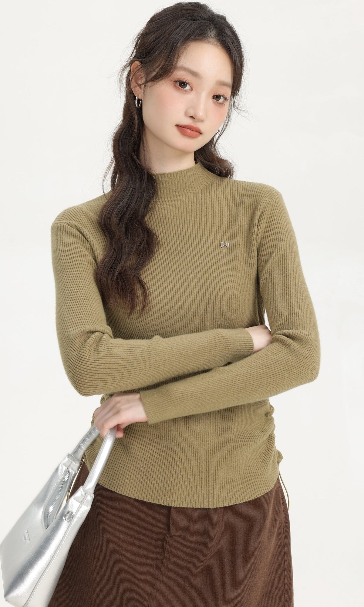 Green Turtleneck Sweater With Side Drawstring And Bow Logo