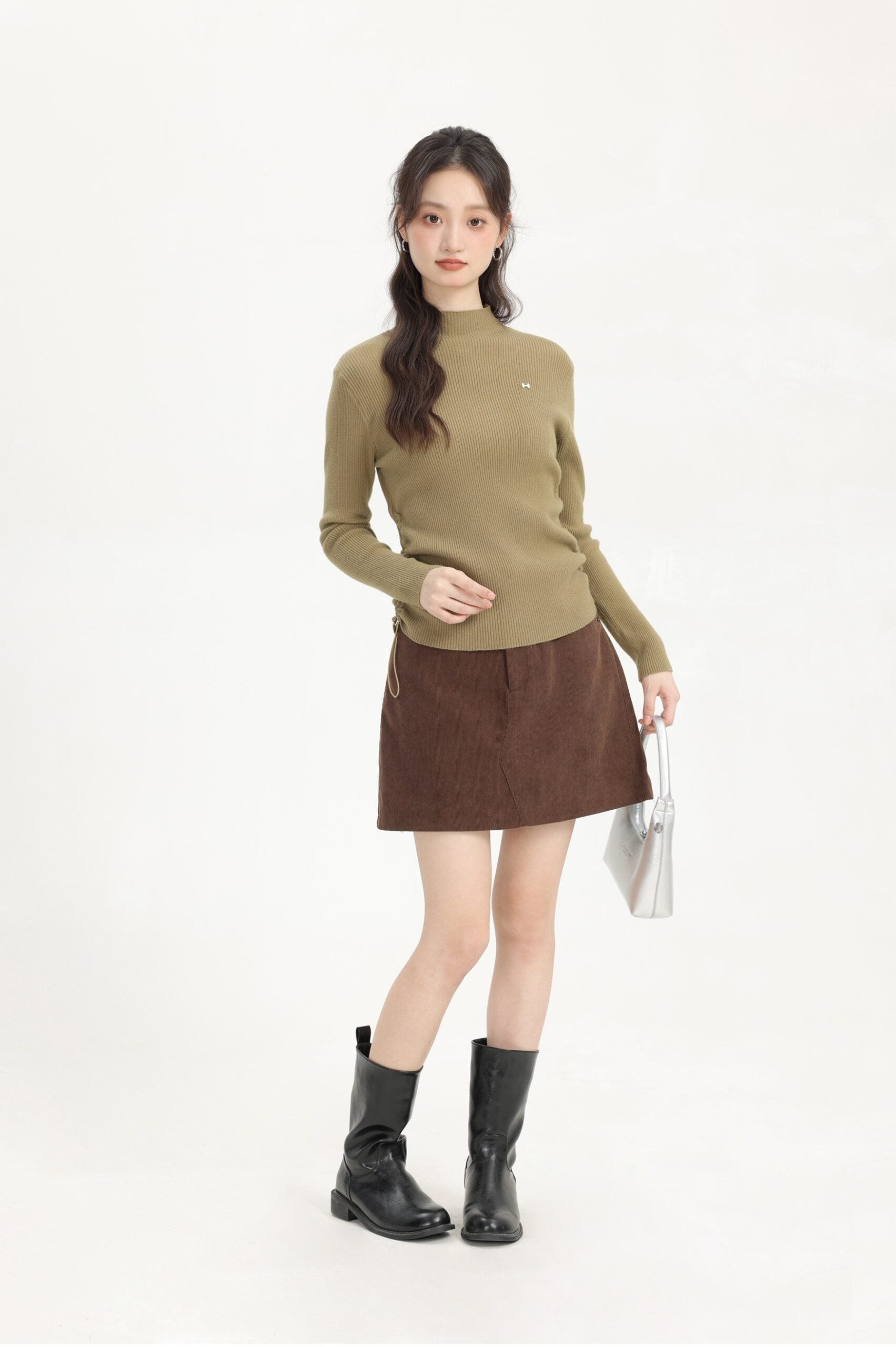 Green Turtleneck Sweater With Side Drawstring And Bow Logo