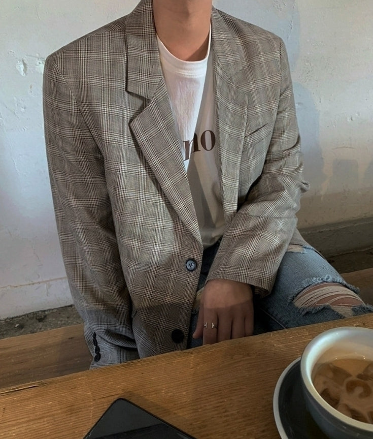 Slim Fit Plaid Blazer Casual Korean Style Jacket