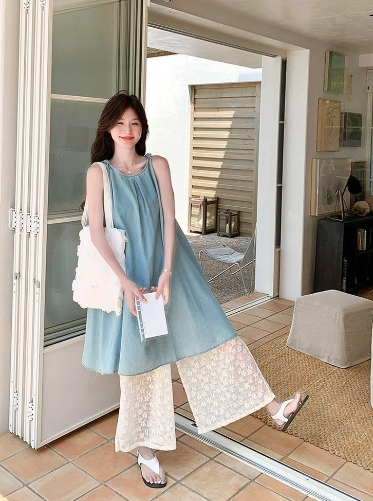 Soft Denim Lace Camisole And Wide Leg Pants Set