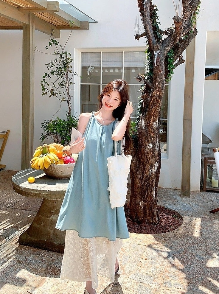 Soft Denim Lace Camisole And Wide Leg Pants Set