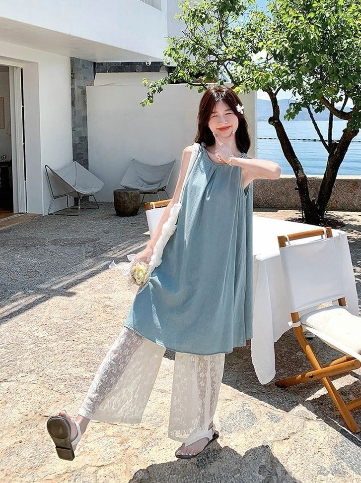 Soft Denim Lace Camisole And Wide Leg Pants Set