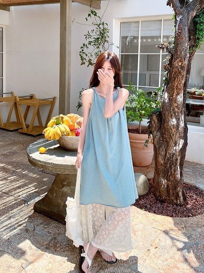 Soft Denim Lace Camisole And Wide Leg Pants Set